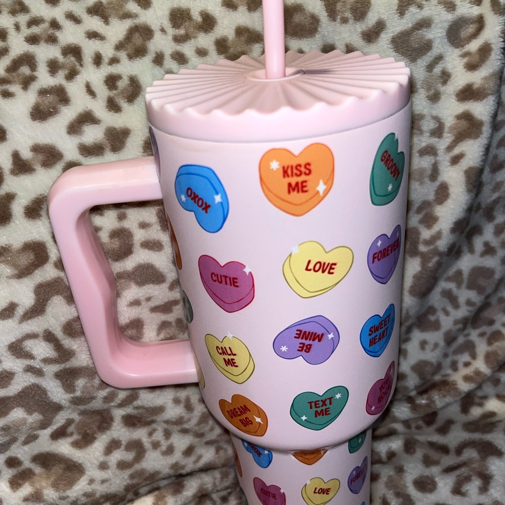 Pink Conversation Heart Travel Tumbler with Straw